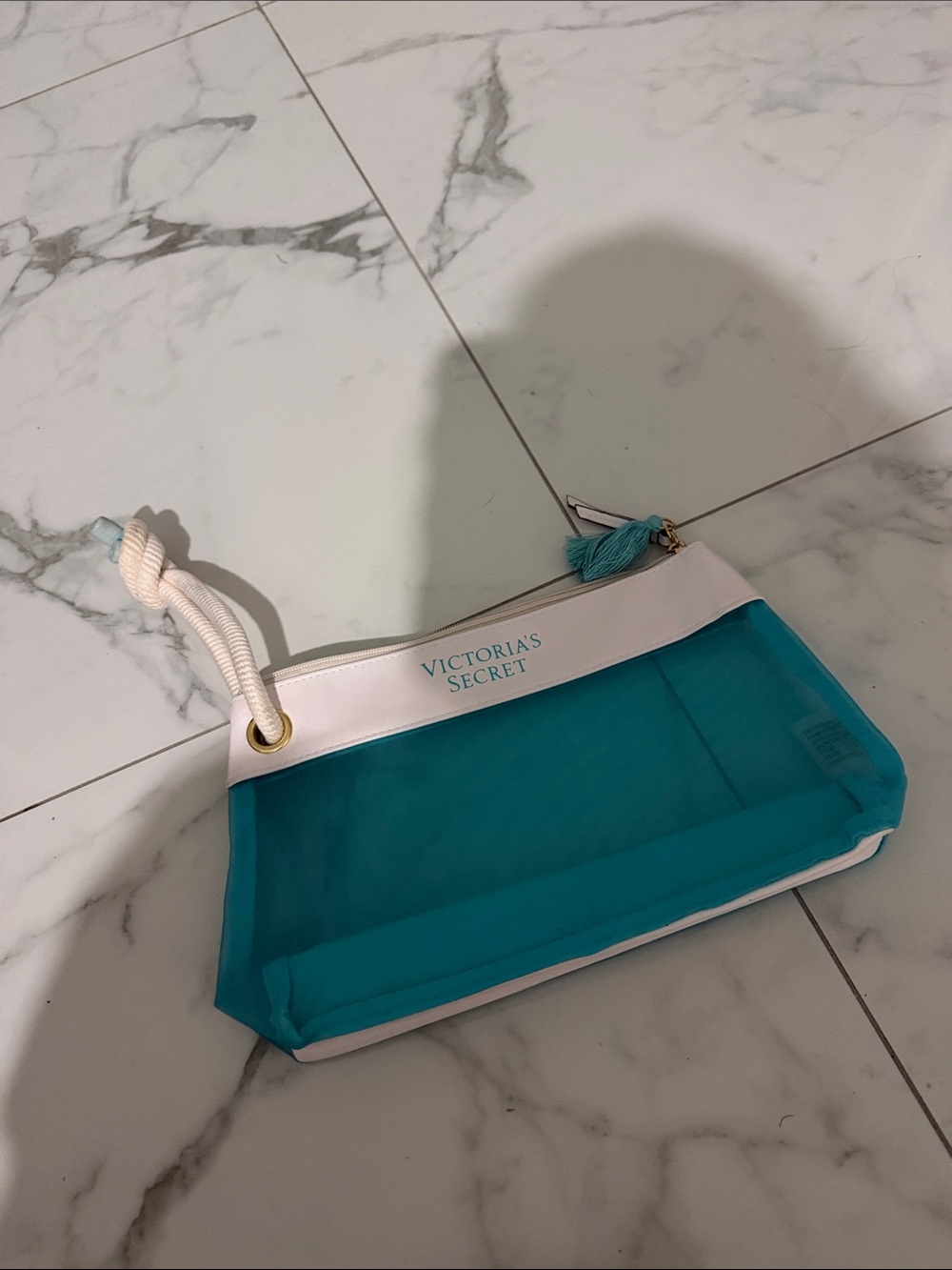 Victoria's Secret Teal and White Mesh Cosmetic Pouch or beach bag wristlet @@@